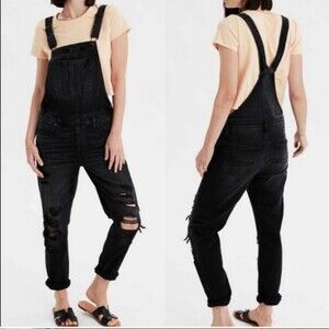 NWT American Eagle Tomgirl Overalls Distressed Bib Black Denim Overalls Size L